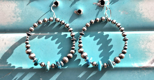 Lustrous Pearls and Turquoise Hoop Earrings
