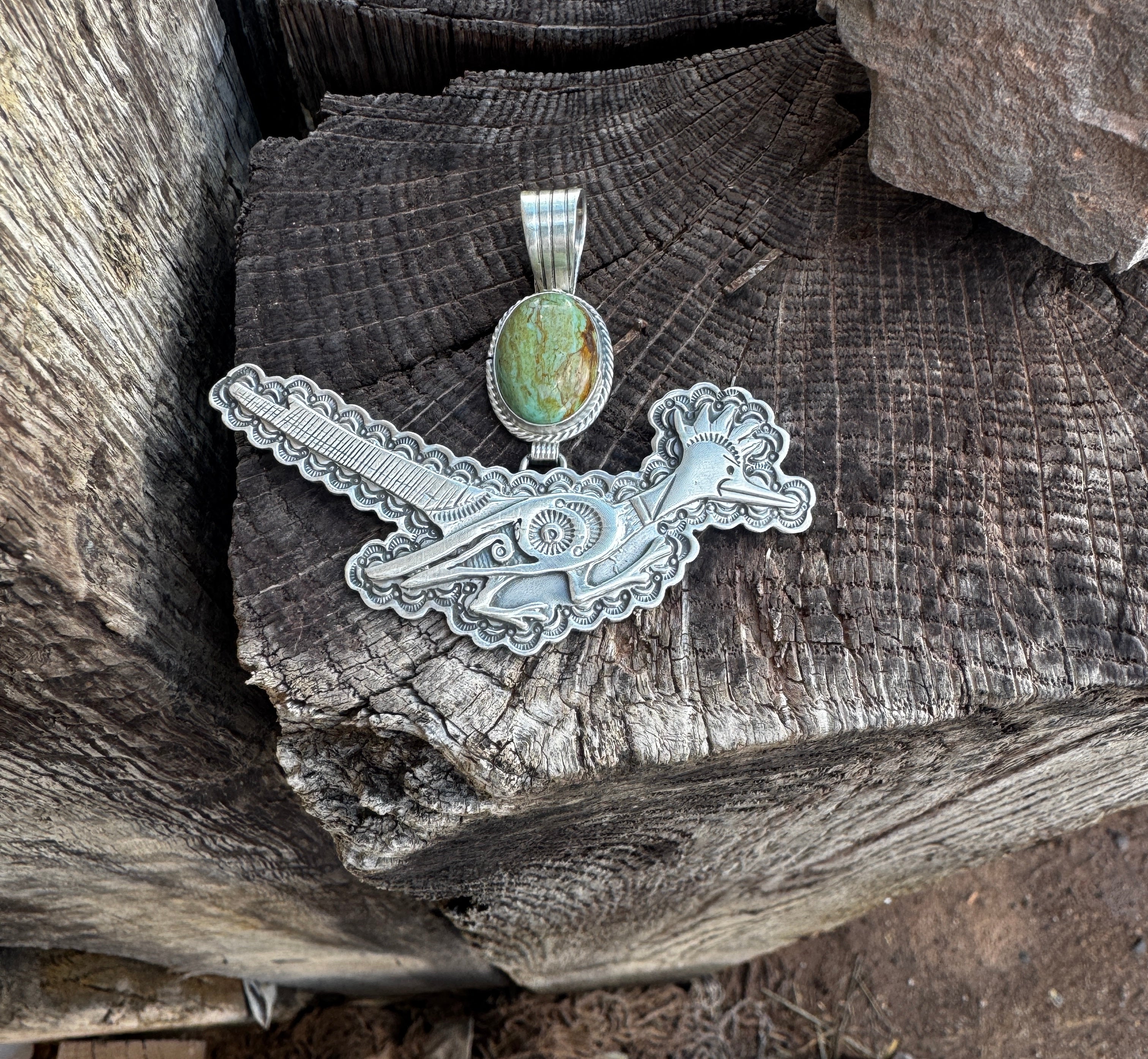 Sterling Silver Roadrunner Ceremonial Kingman Turquoise Pendant