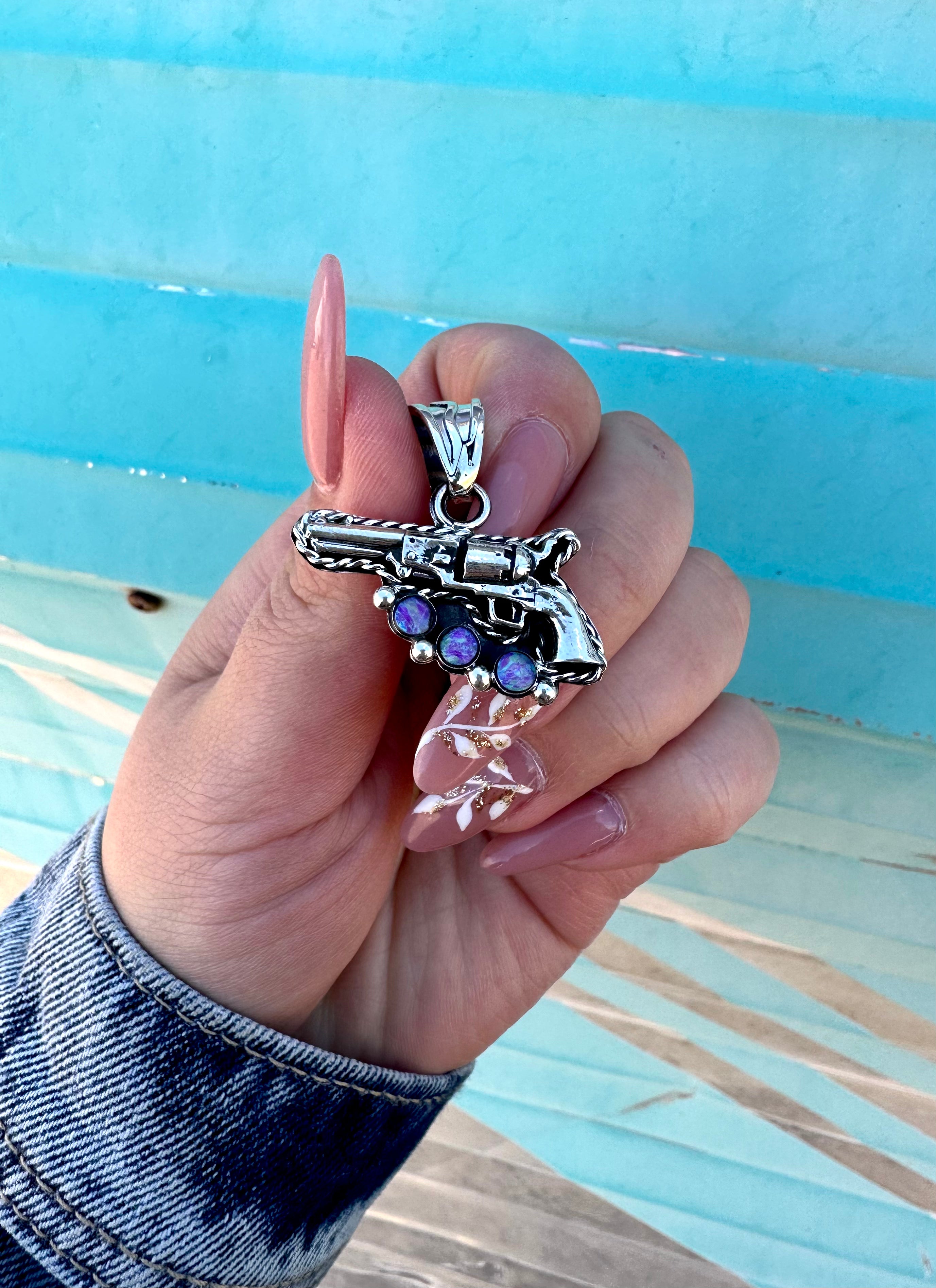 BANG BANG BARBIE!! PISTOL PENDANT IN CULTURED PINK OPAL