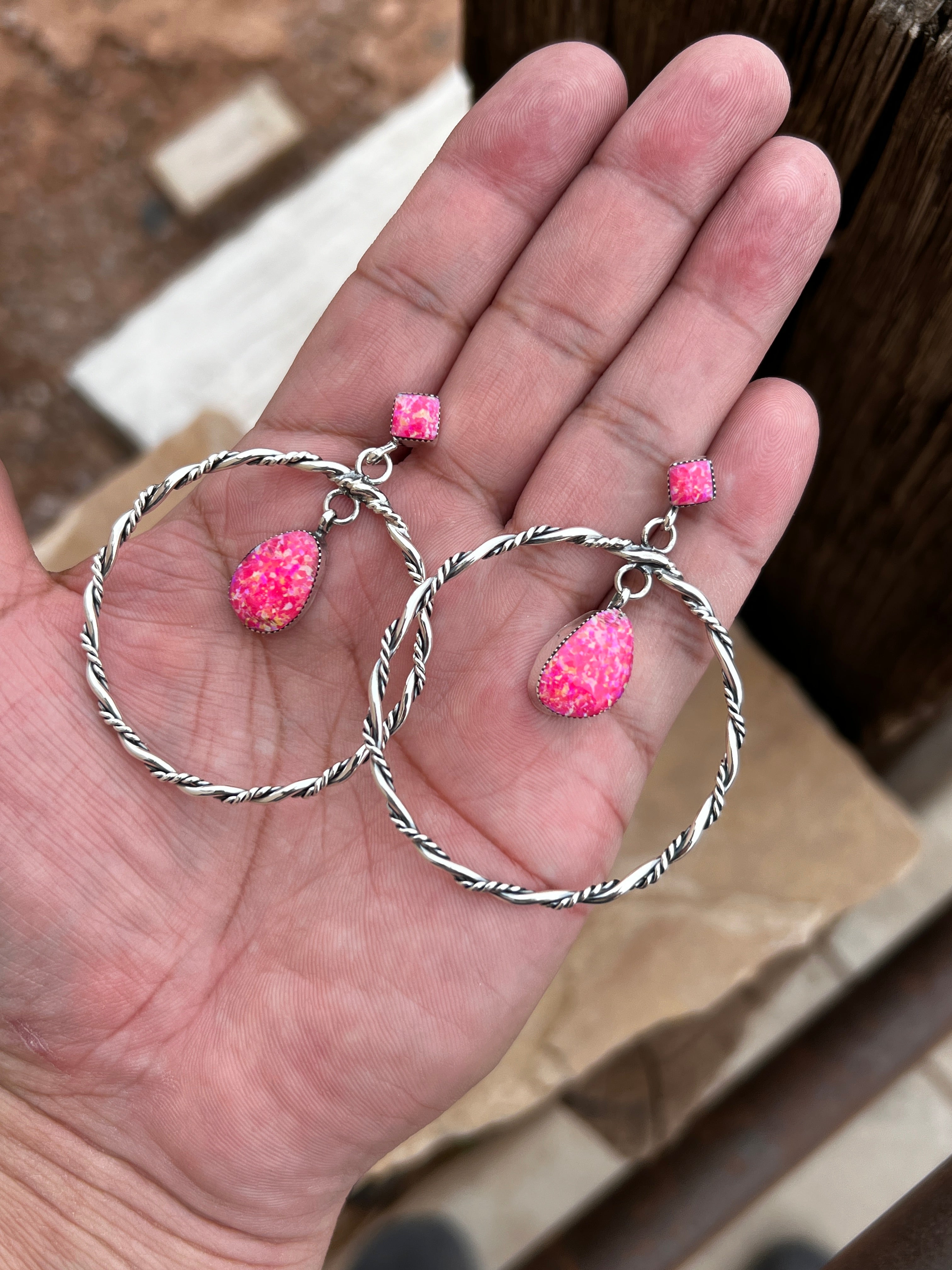 Hot Pink Cultured Opal Twist Hoops