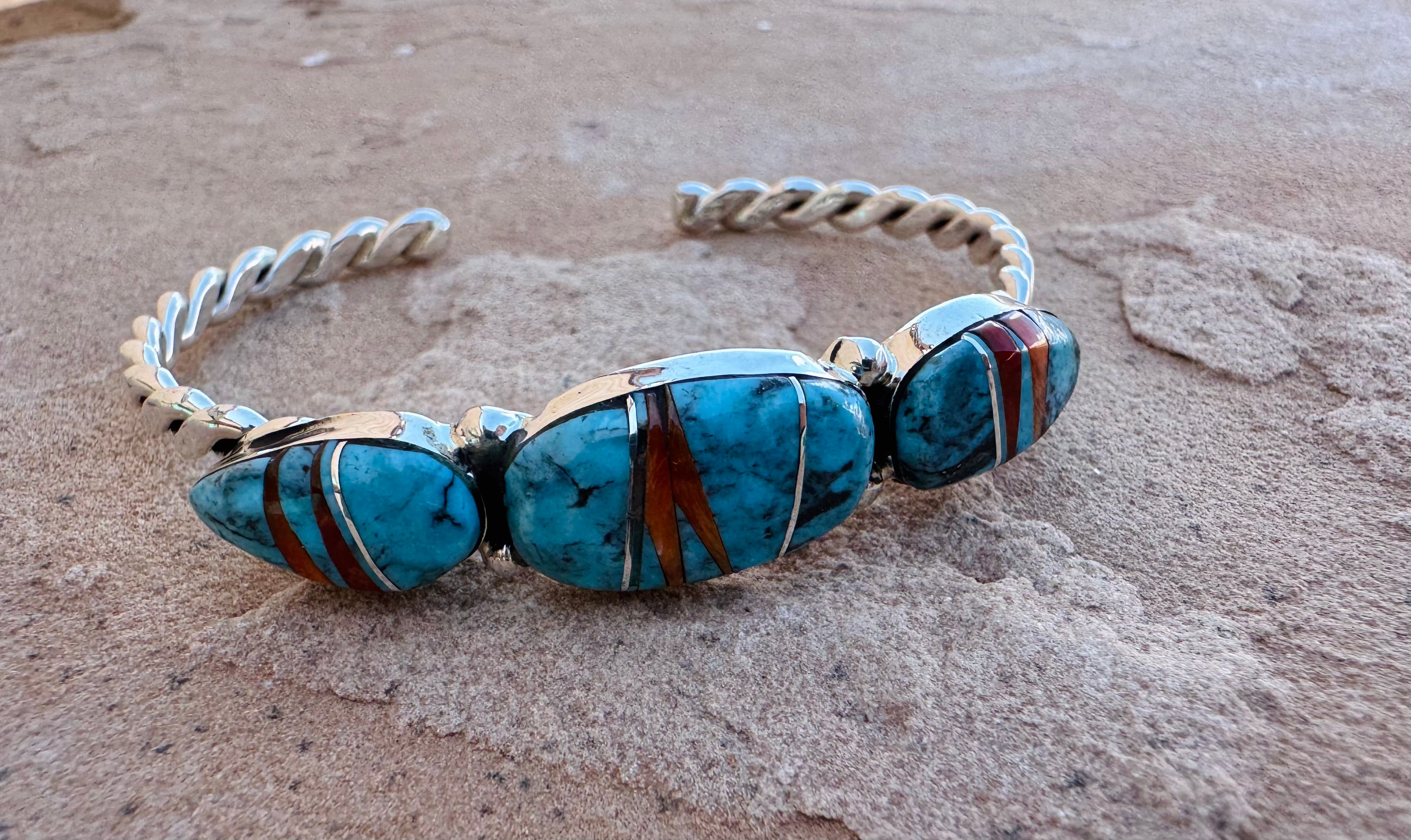 Turquoise Inlay Tri Stone Cuff