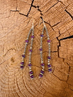 2 Strand Silver Pearl and Purple Oyster Shell Dangle Earrings