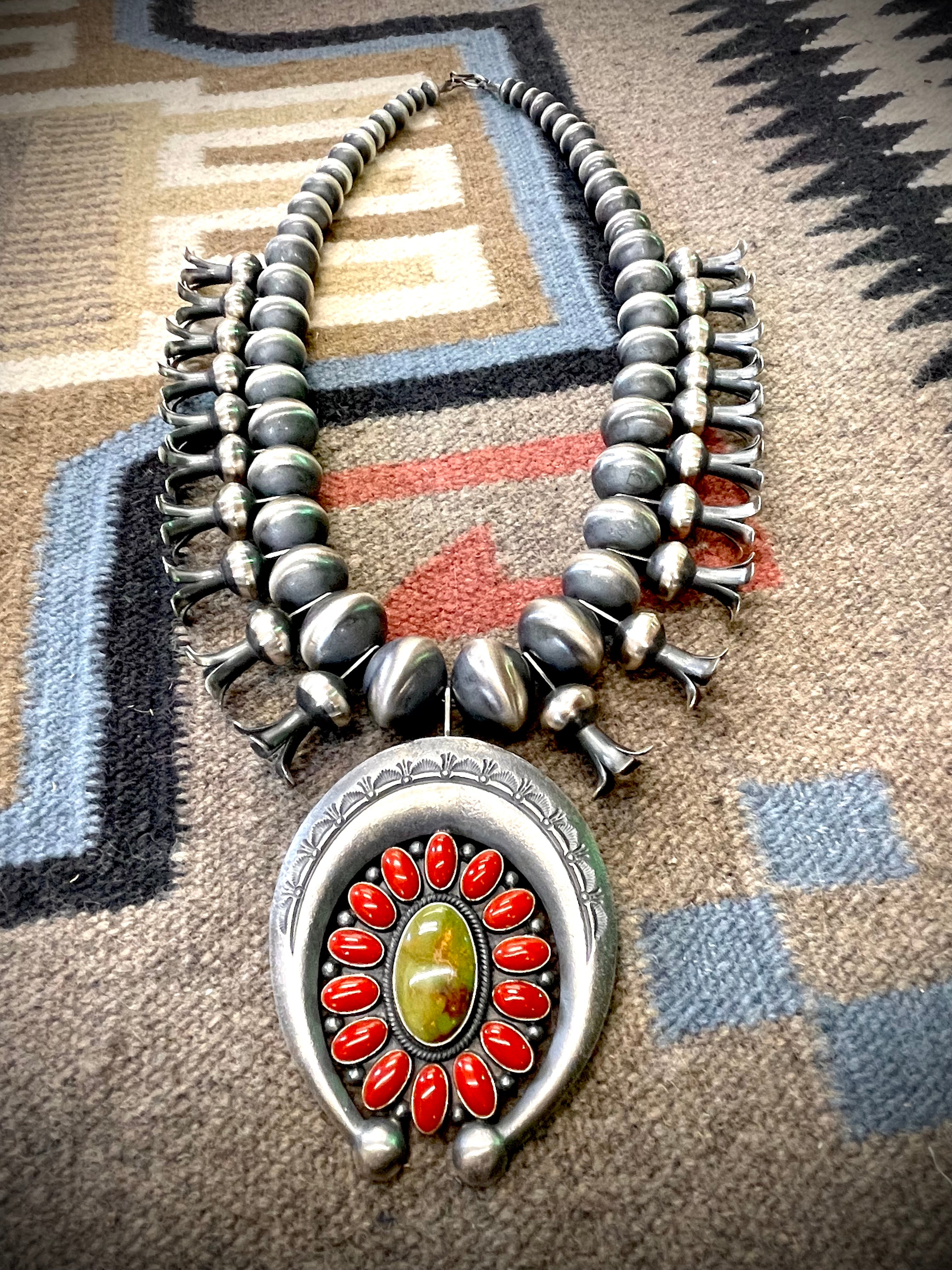 Vintage Coral and Green Turquoise Squash Blossom