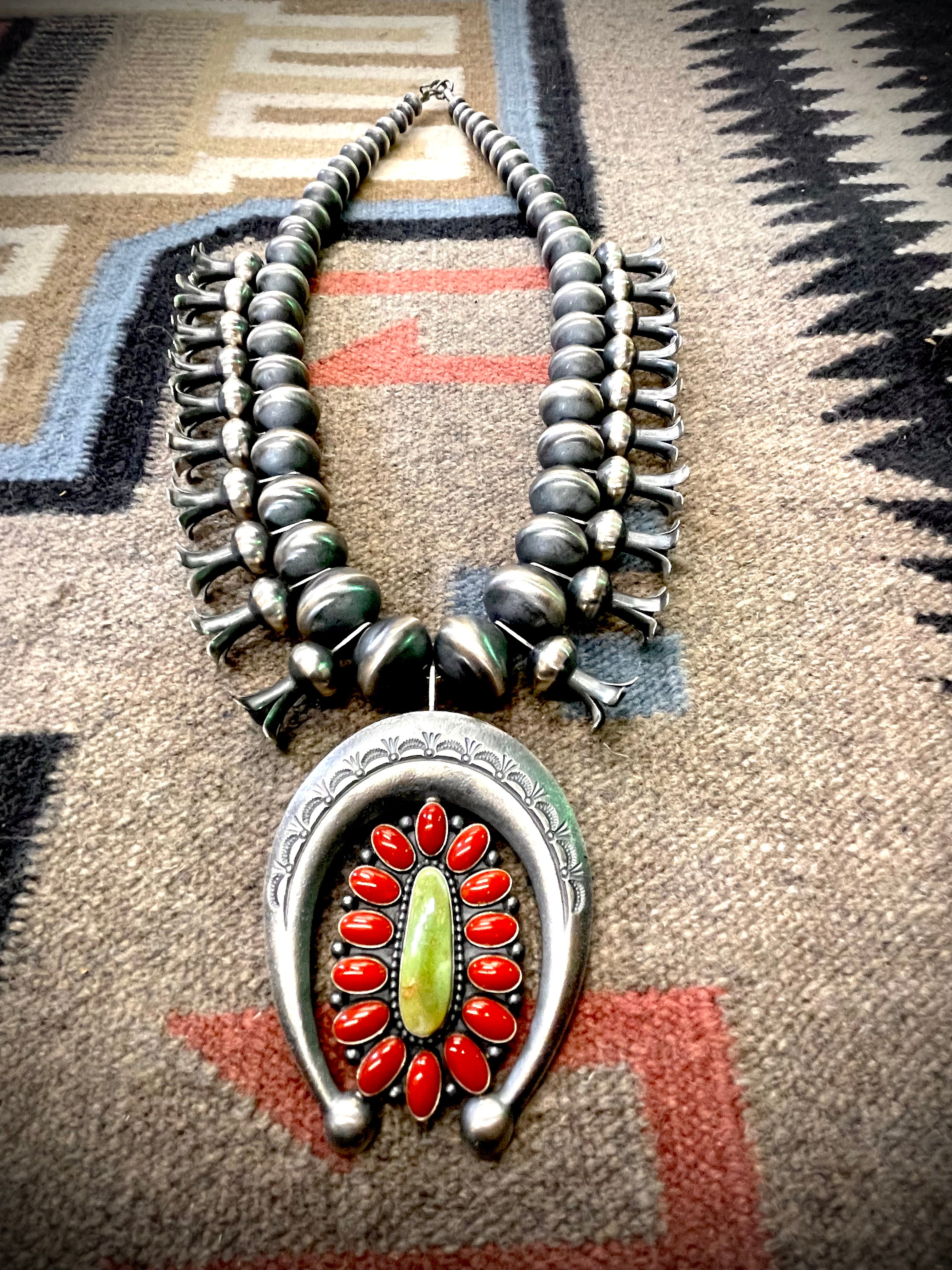 Vintage Coral and Green Turquoise Squash Blossom