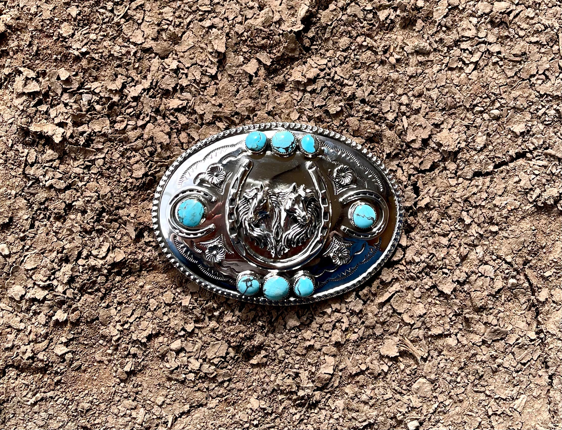 Three Dimensional Horse Belt Buckle with Kingman Turquoise