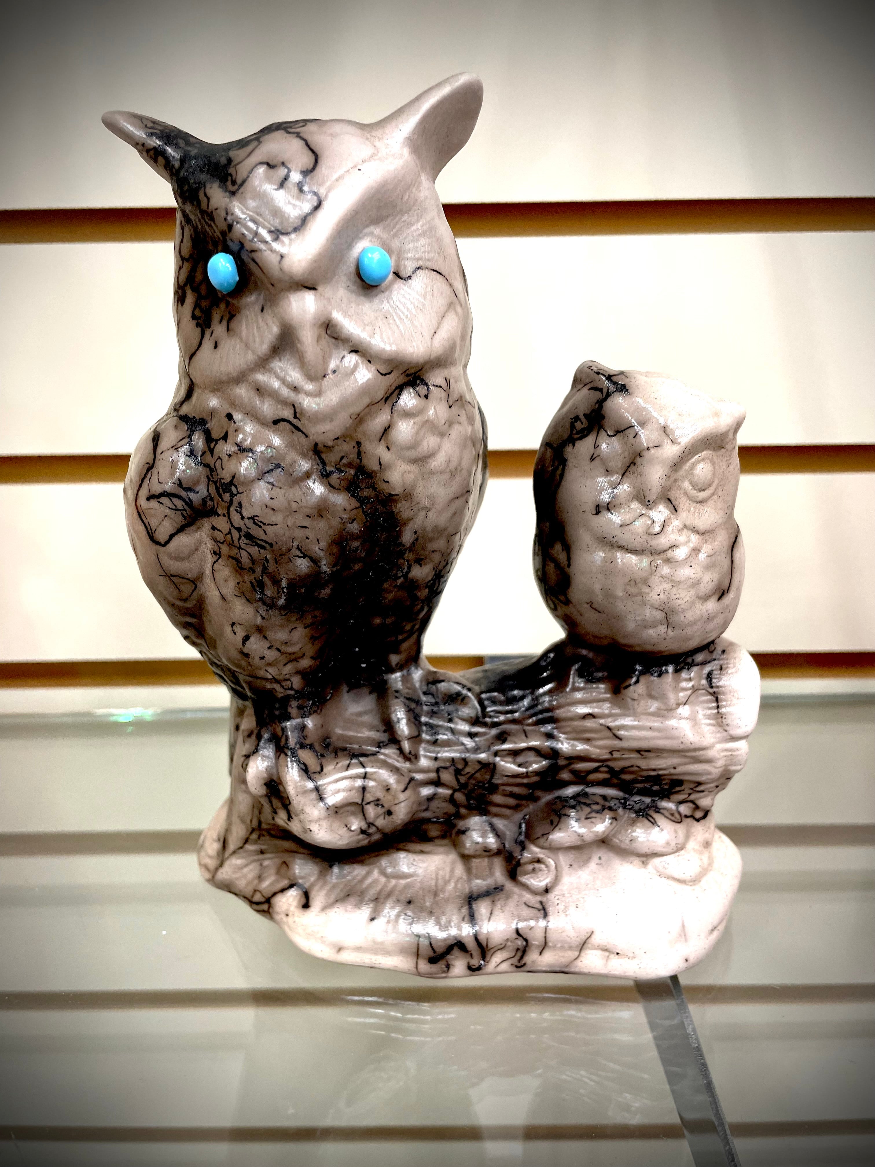 Two Perched Owls Horse Hair Pottery