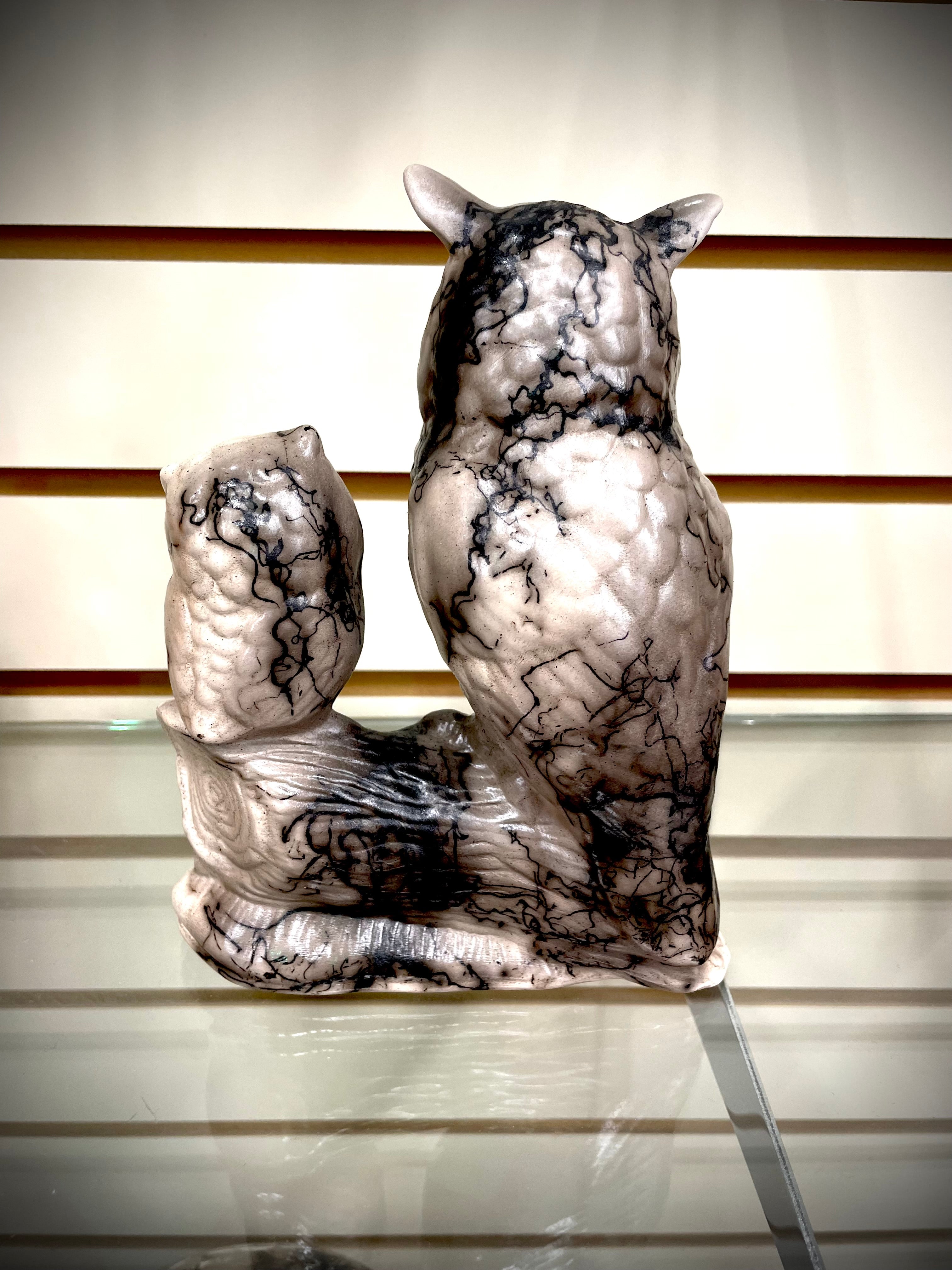 Two Perched Owls Horse Hair Pottery