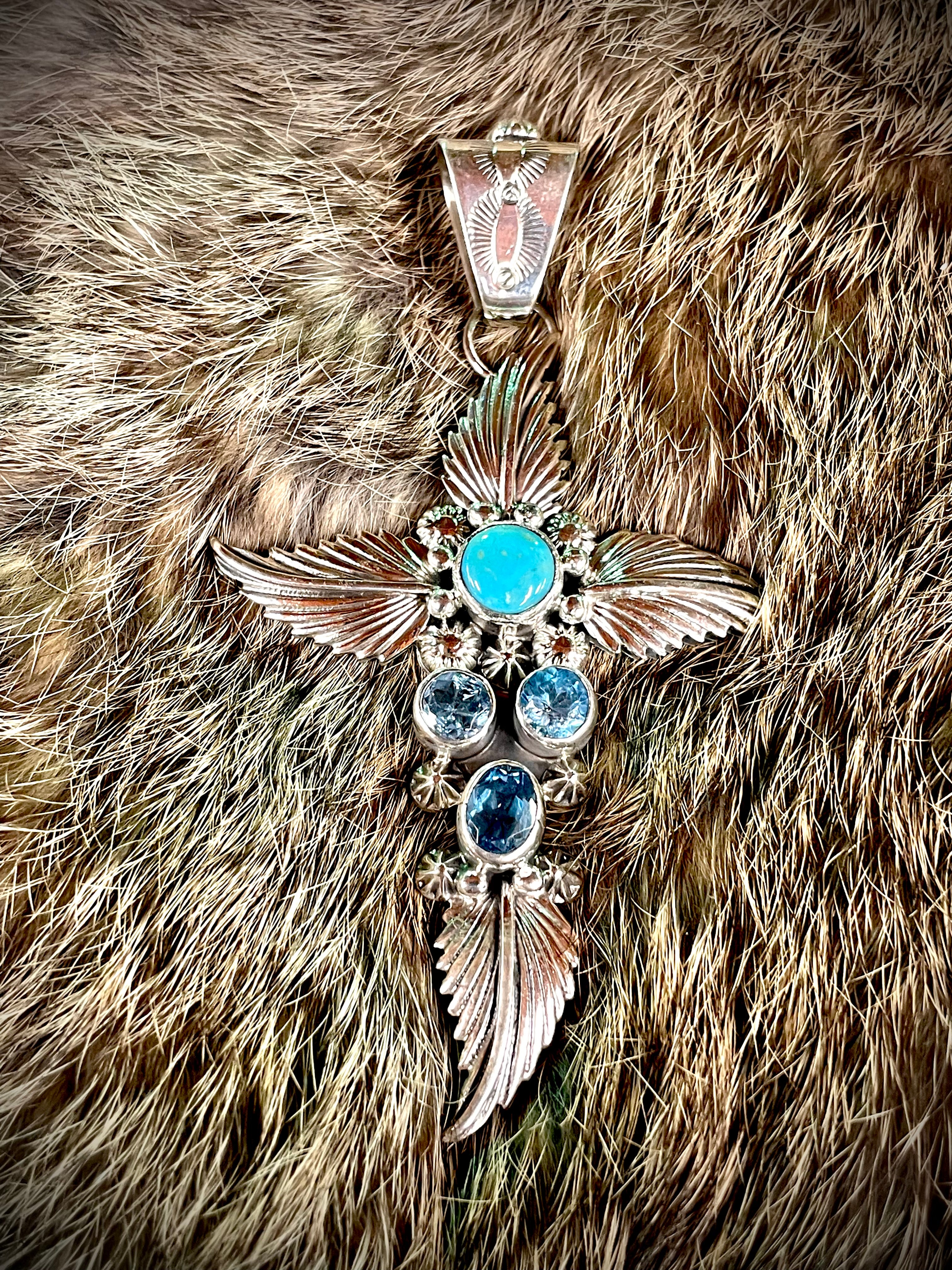 Leaf Cross Turquoise and Topaz Pendant