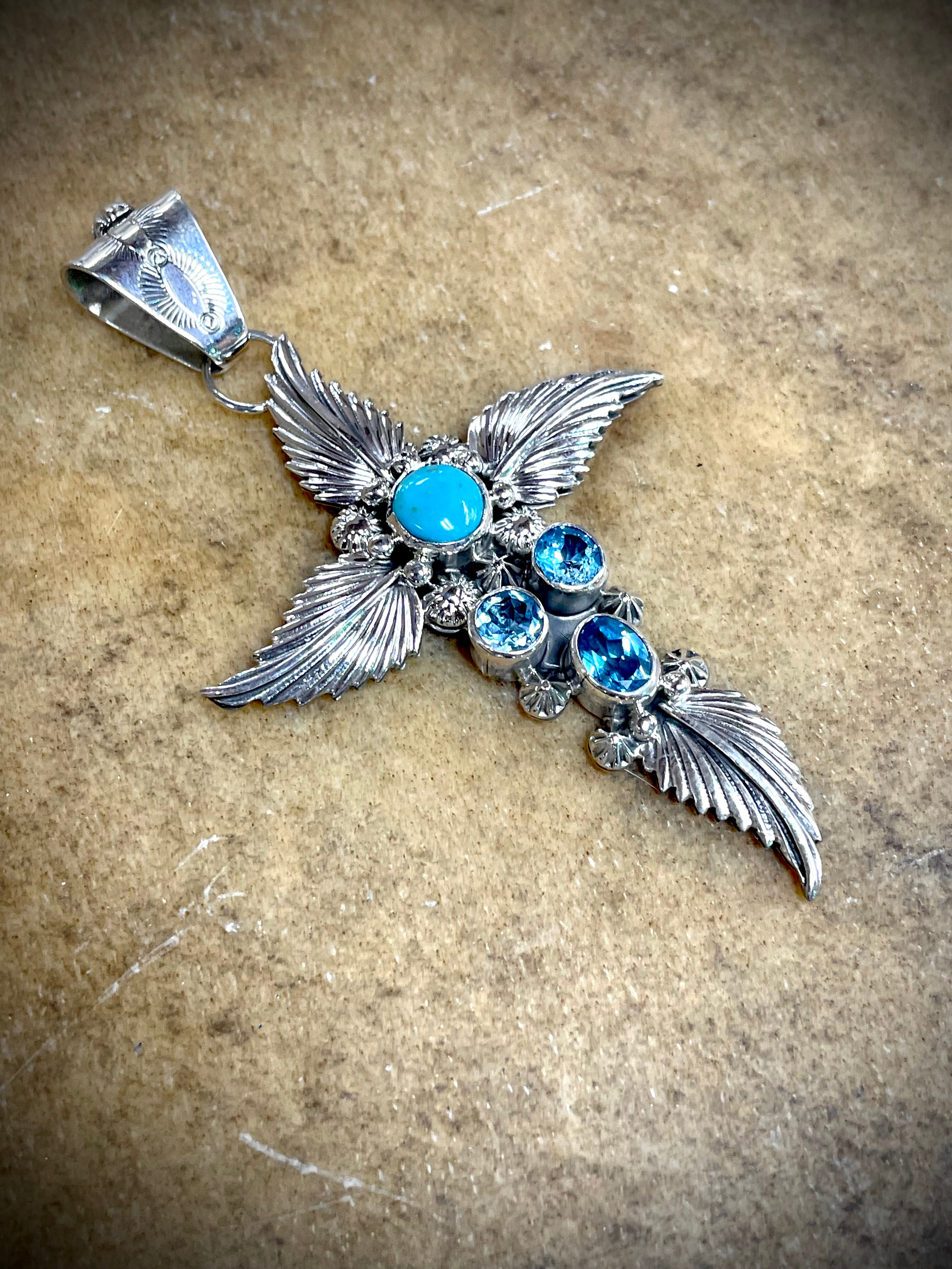 Leaf Cross Turquoise and Topaz Pendant