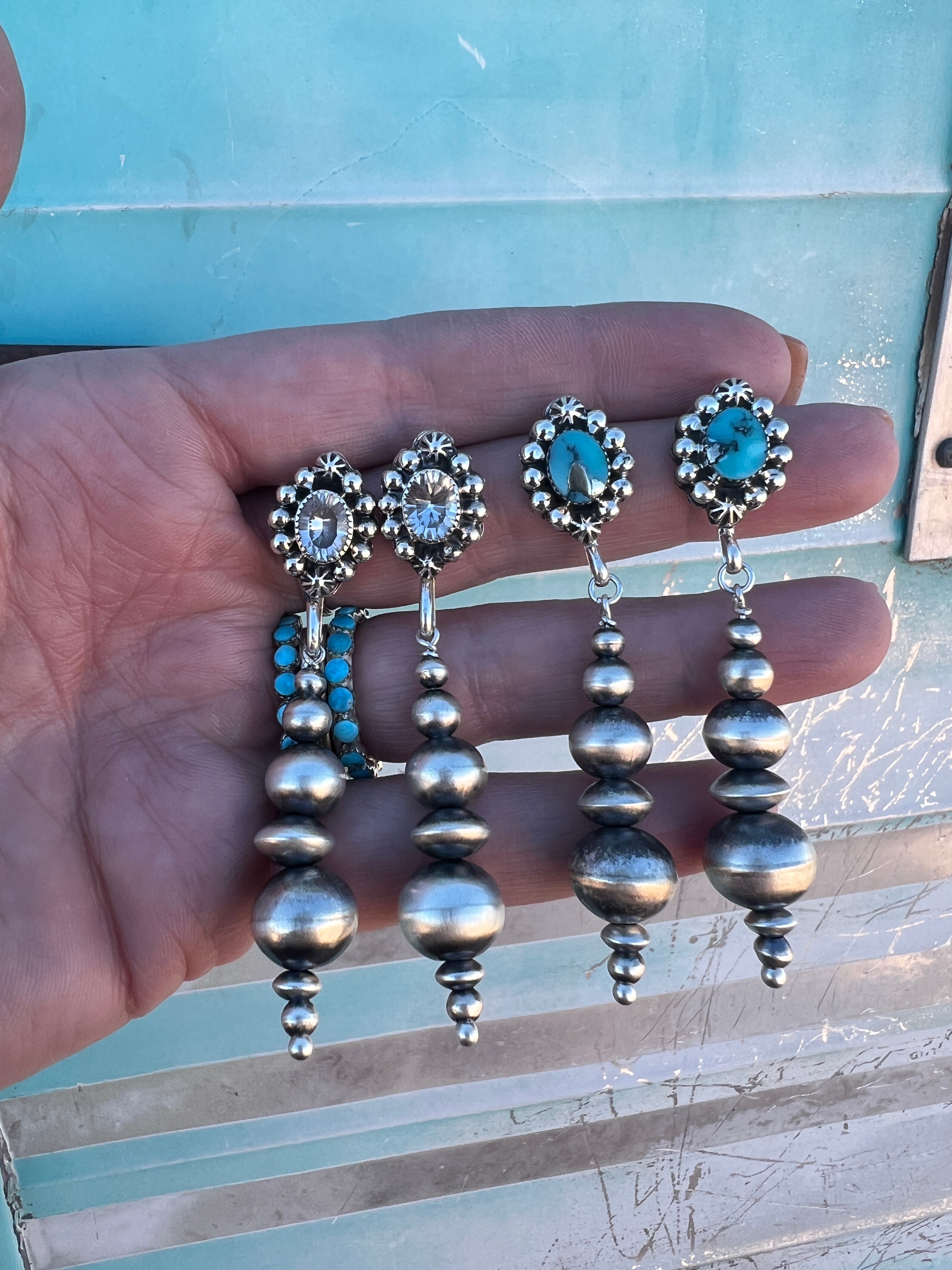 Handmade Navajo Pearl Drop Earrings w/ Turquoise