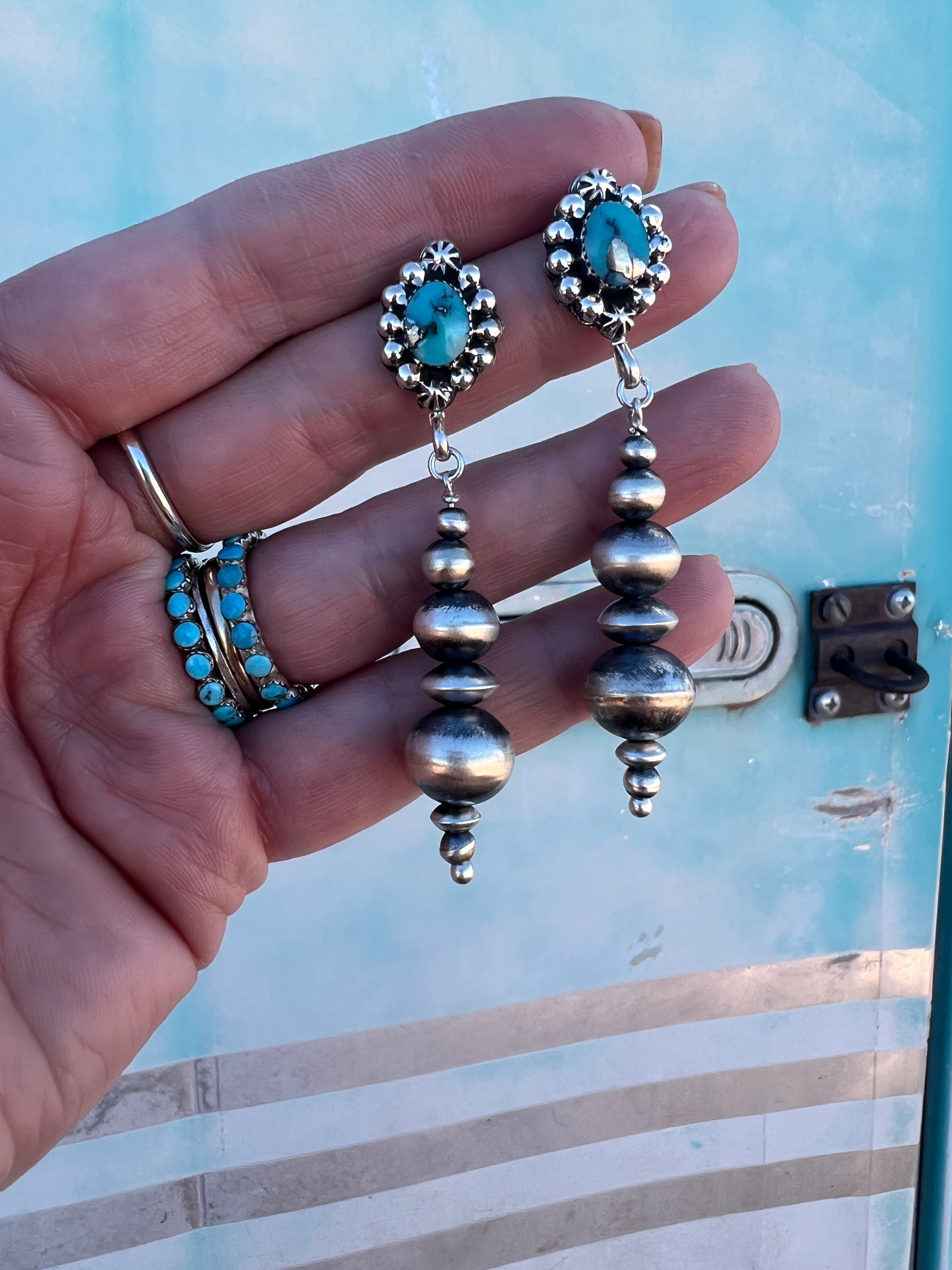 Handmade Navajo Pearl Drop Earrings w/ Turquoise