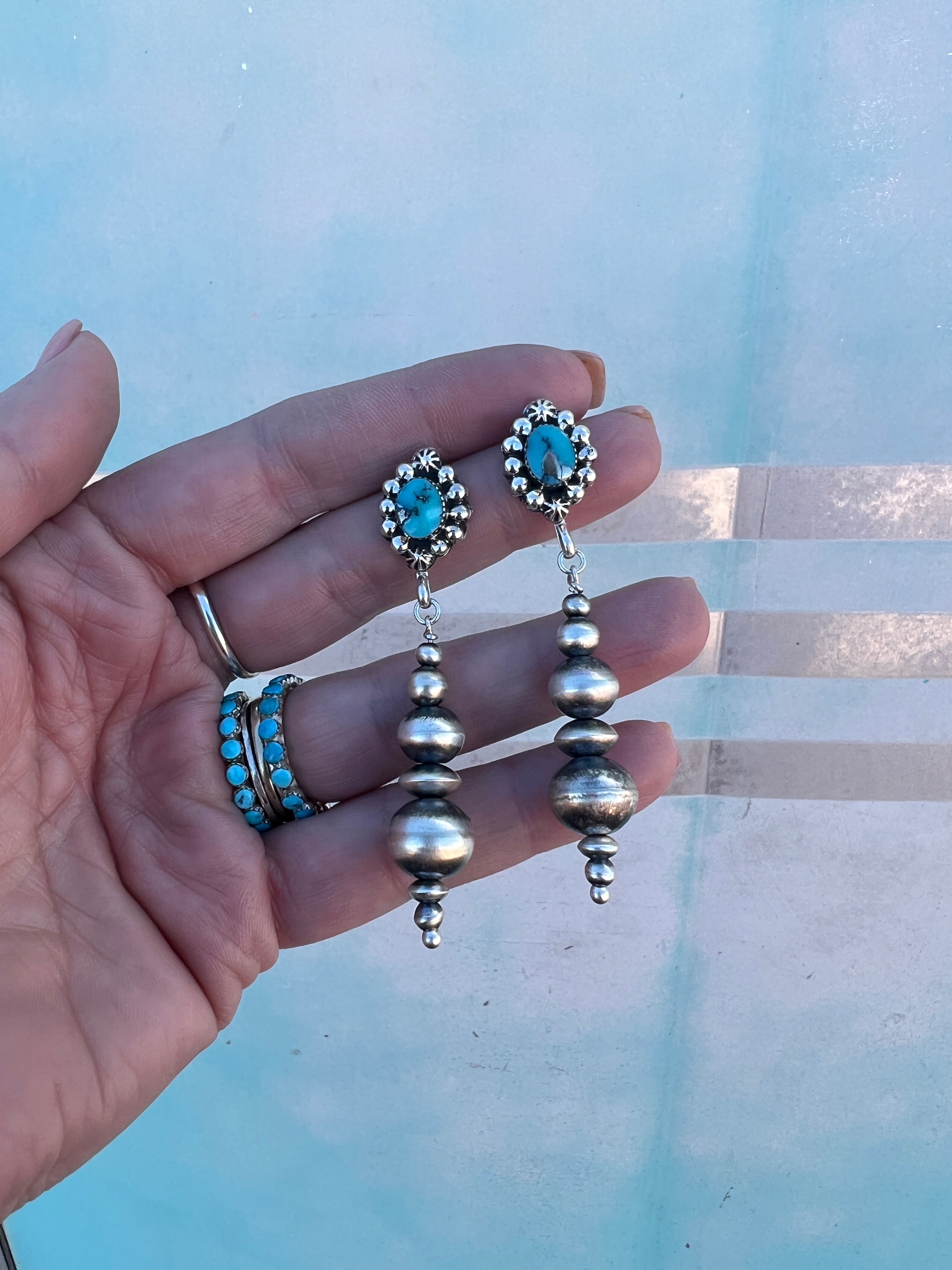 Handmade Navajo Pearl Drop Earrings w/ Turquoise
