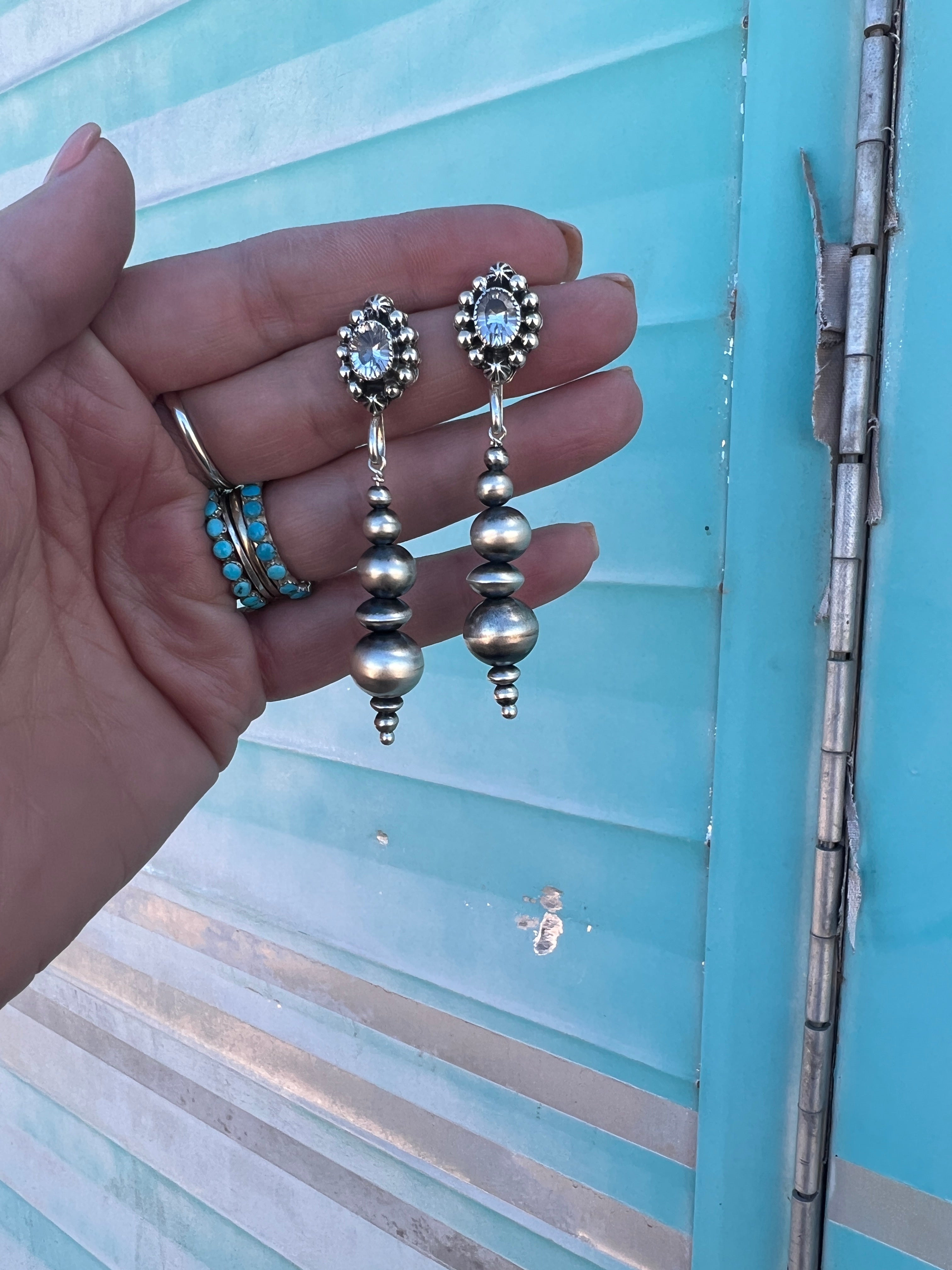 Handmade Navajo Pearl Drop Earrings w/ Turquoise