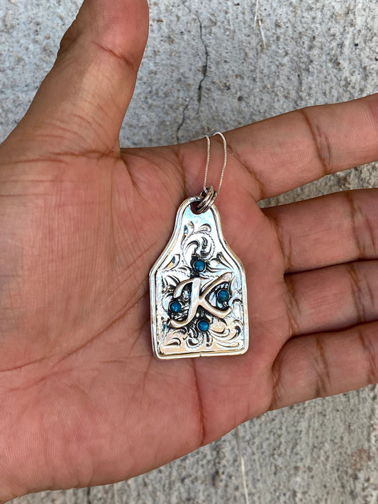 Initial Etched Tag Turquoise Pendant (In the comments put the Initial you desire)