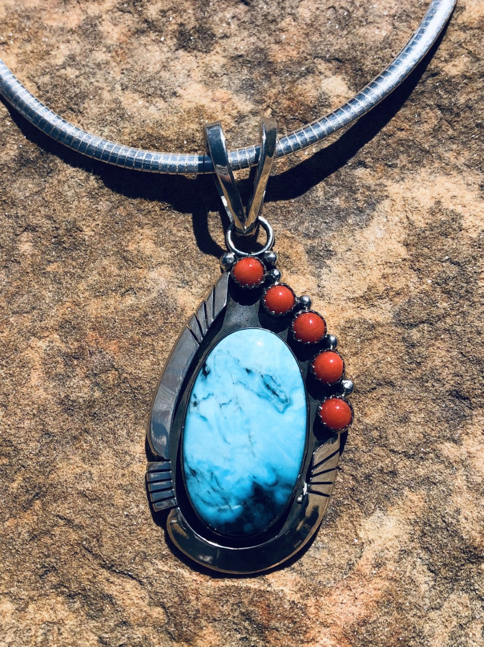 Kingman Turquoise and Coral Combination Pendant