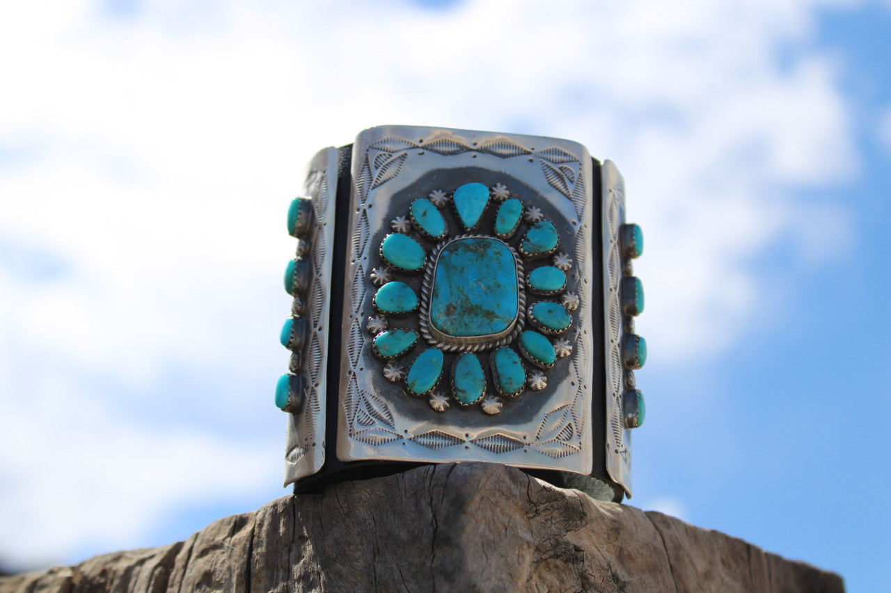Chaco Canyon Sterling Silver-Black Leather Kingman Turquoise Bow Guards