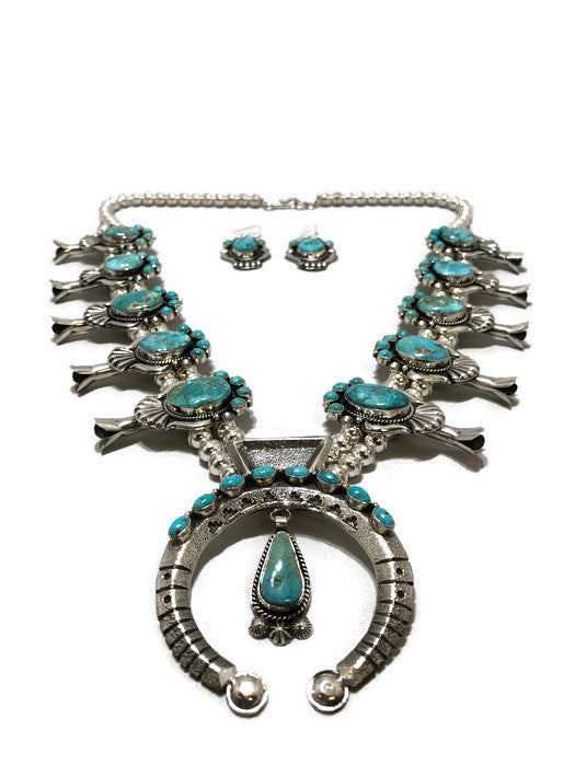 Chaco Canyon Kingman Turquoise Squash Blossom Necklace with