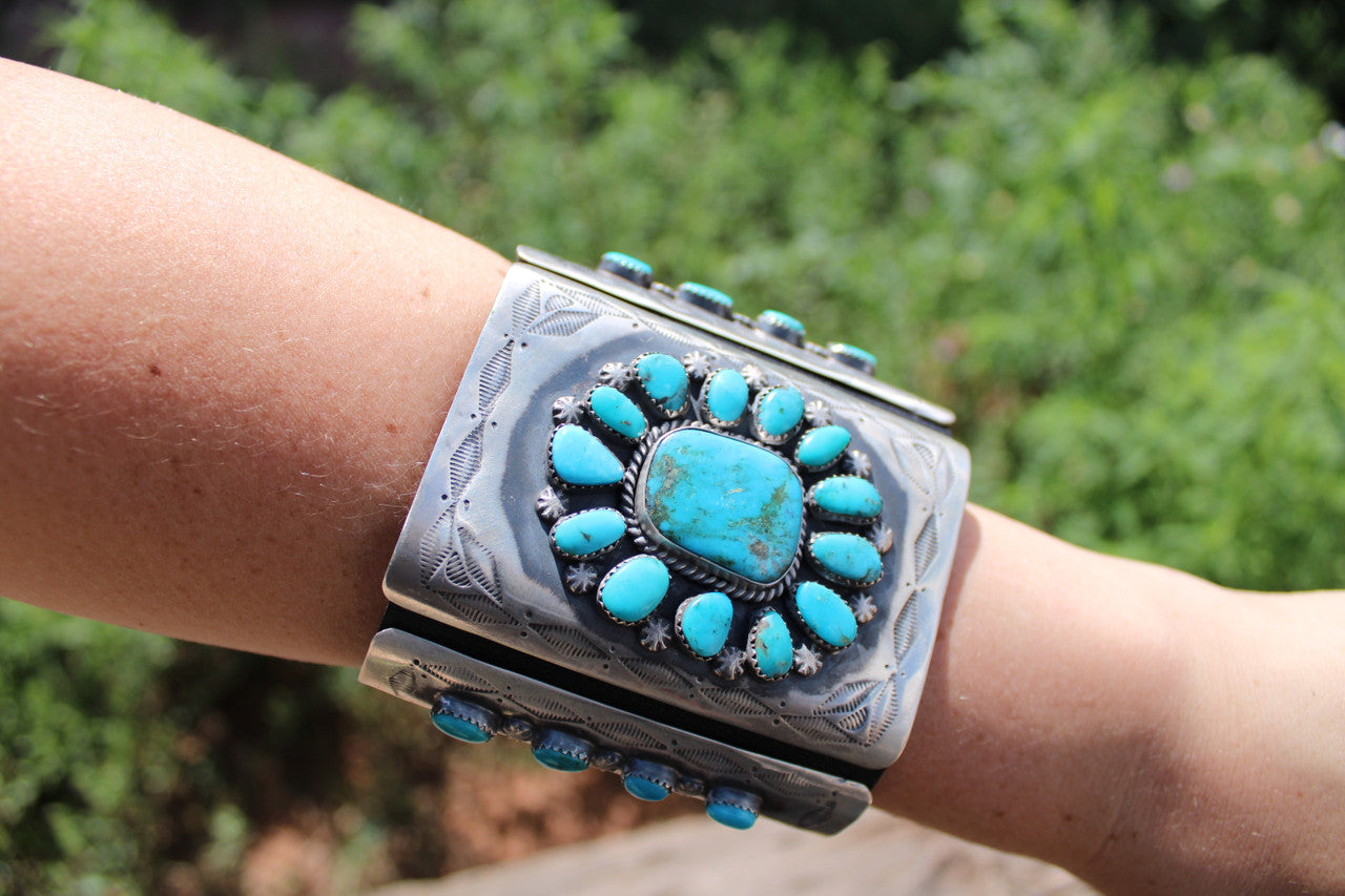 Chaco Canyon Sterling Silver-Black Leather Kingman Turquoise Bow Guards