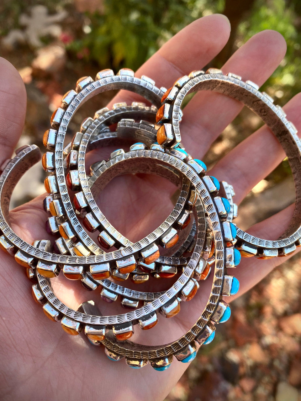 Chaco Canyon Red, Purple, Orange and Sleeping Beauty Turquoise 21 Row Cuff