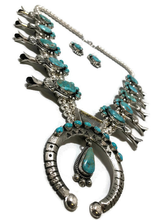 Chaco Canyon Kingman Turquoise Squash Blossom Necklace with Earrings