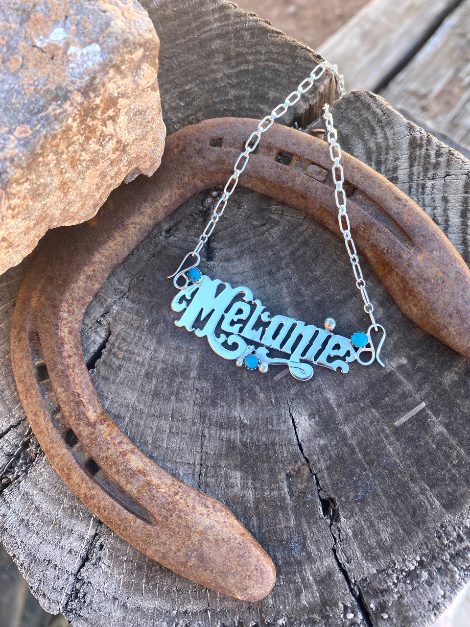 Navajo Hand Etched Name Kingman Turquoise Necklaces Artist Michael