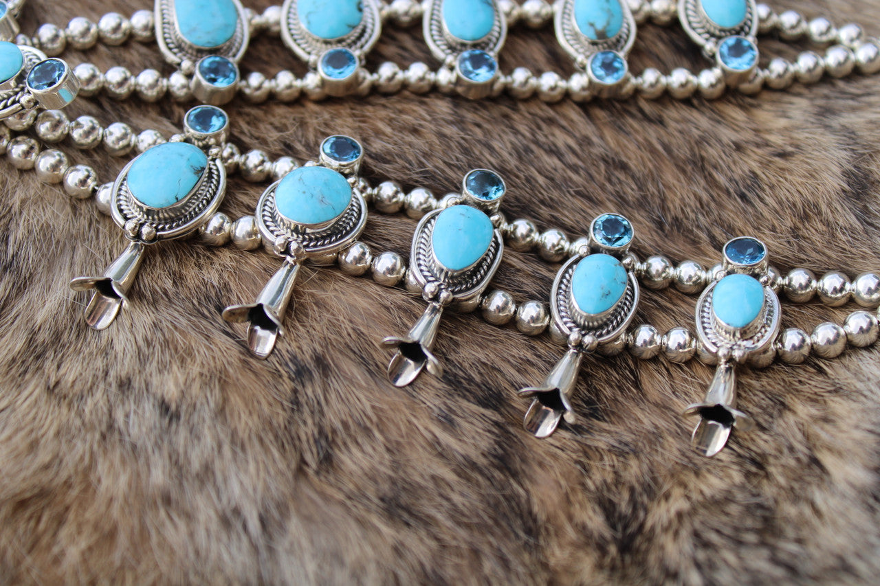 Sterling Silver Topaz and Kingman Turquoise Couture Squash Blossom