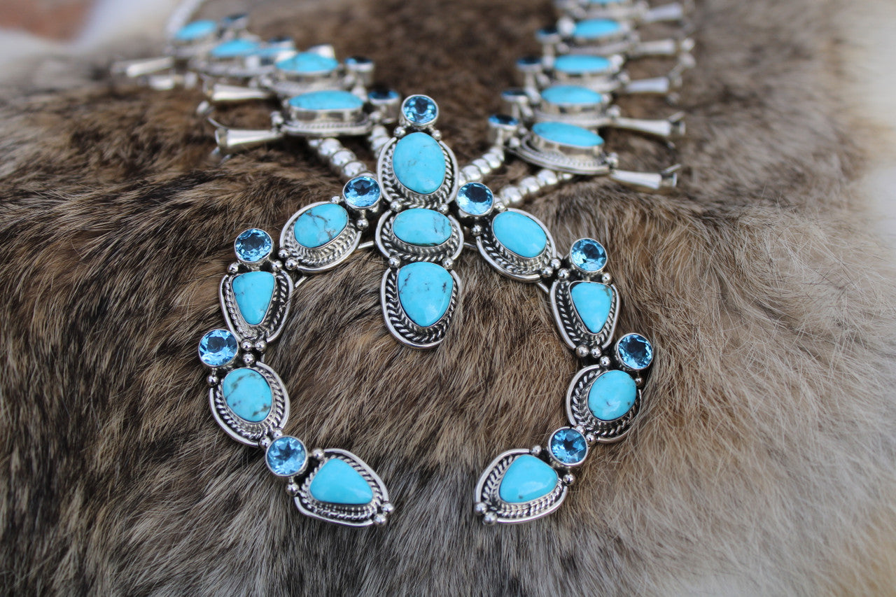 Sterling Silver Topaz and Kingman Turquoise Couture Squash Blossom