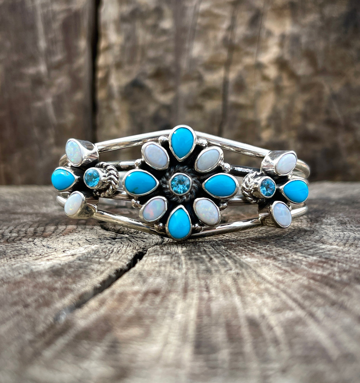 Sleeping Beauty, Australian Opal, Swiss Blue Topaz Loretta Cluster Cuff