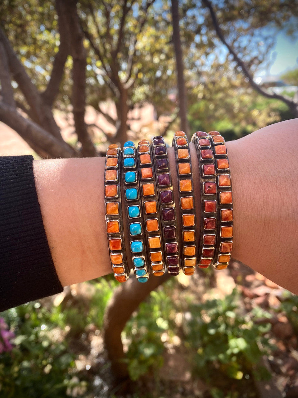 Chaco Canyon Red, Purple, Orange and Sleeping Beauty Turquoise 21 Row Cuff