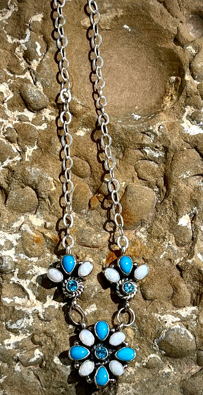 Sleeping Beauty, Australian Opal, Swiss Blue Topaz Lorreta Cluster Necklace