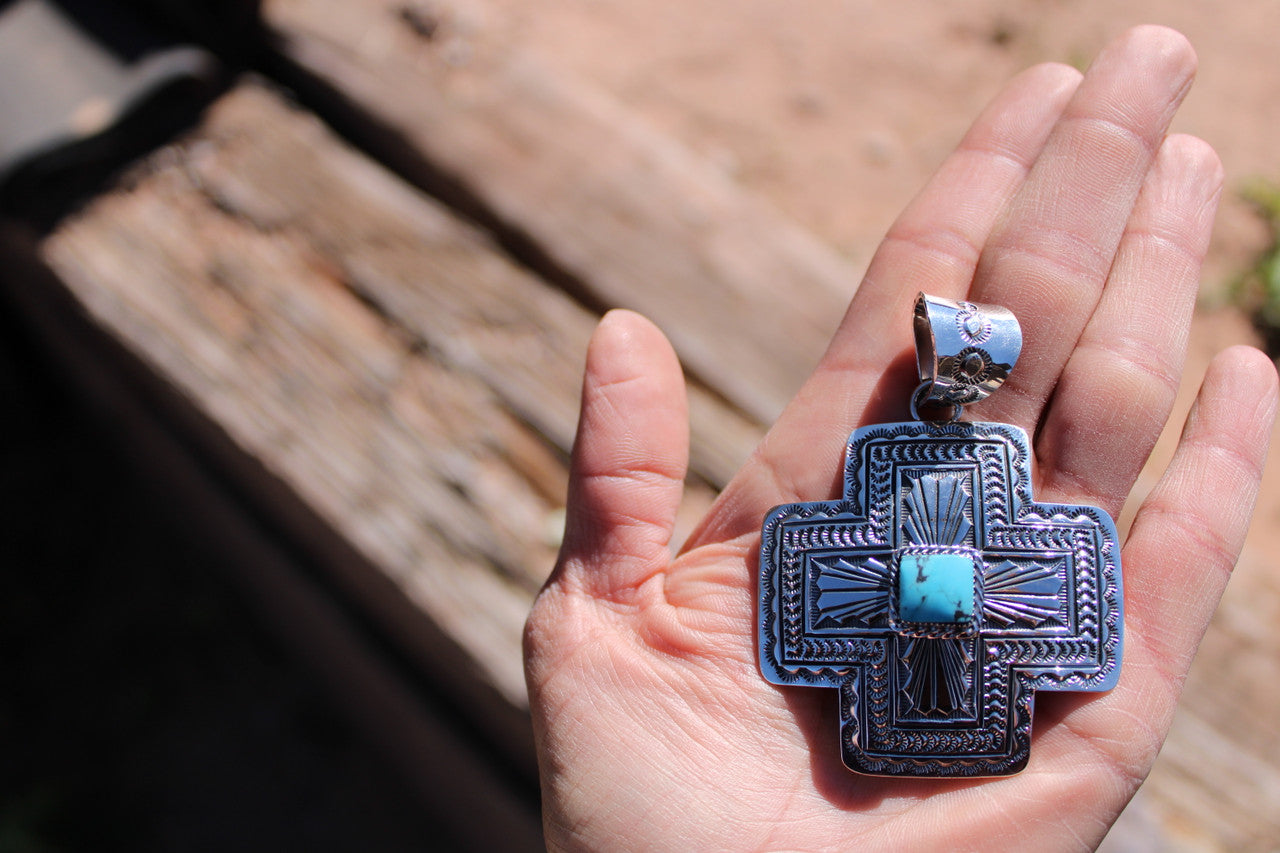 Kingman Turquoise Cross Pendant Navajo Artist Nate Begay