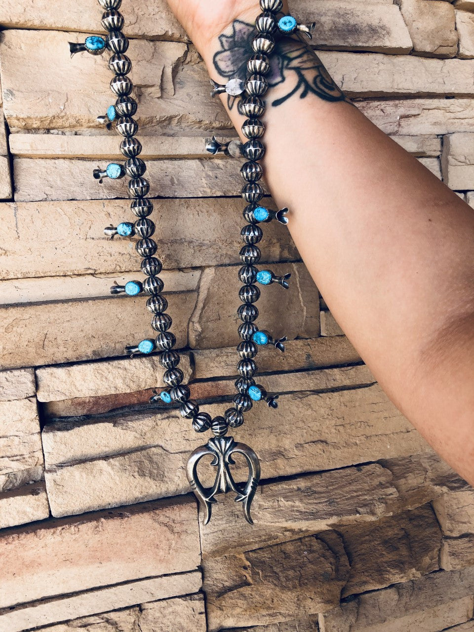 Unique Stamped Navajo Pearl with Kingman Turquoise Squash Blossom