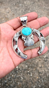 Hand Stamped Fan Nevada Turquoise Pendant Navajo Artist Emerson Delgarito
