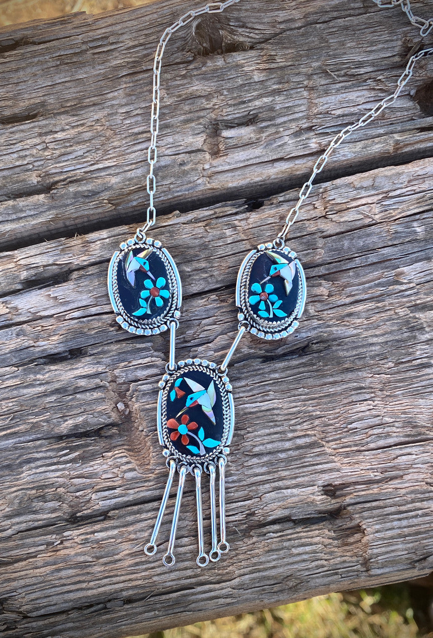 Vintage*** Humming Bird Inlay Necklace Multstone