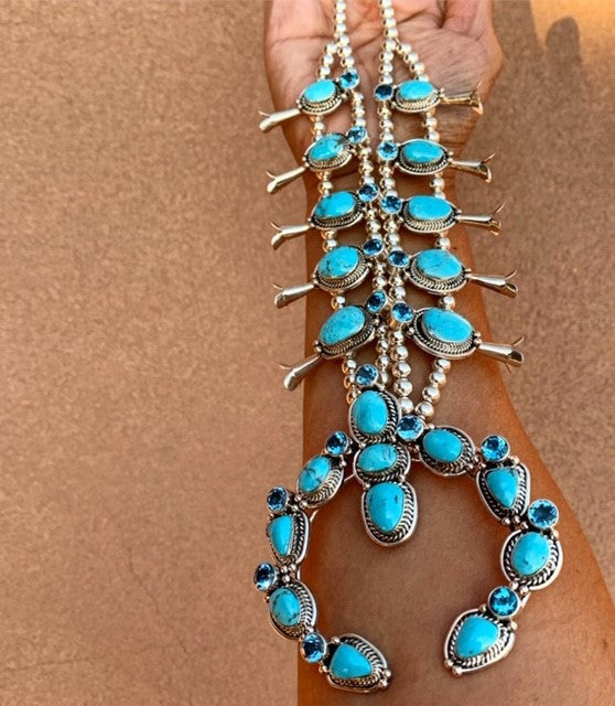 Sterling Silver Topaz and Kingman Turquoise Couture Squash Blossom