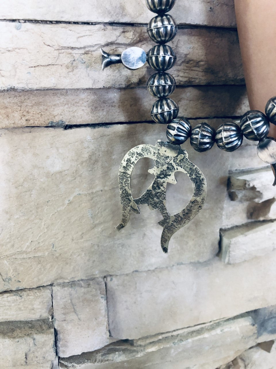 Unique Stamped Navajo Pearl with Kingman Turquoise Squash Blossom