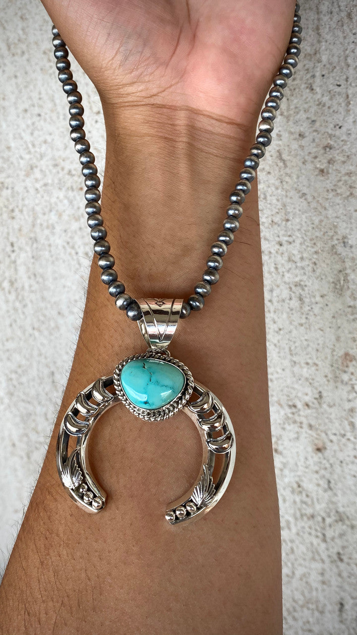 Hand Stamped Moon Nevada Turquoise Pendant Navajo Artist Emerson Delgarito