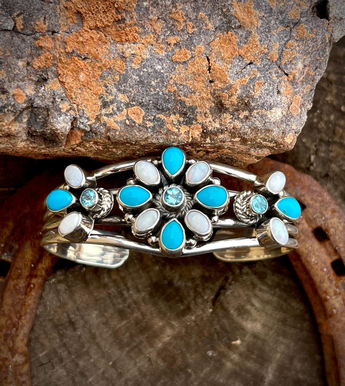 Sleeping Beauty, Australian Opal, Swiss Blue Topaz Loretta Cluster Cuff