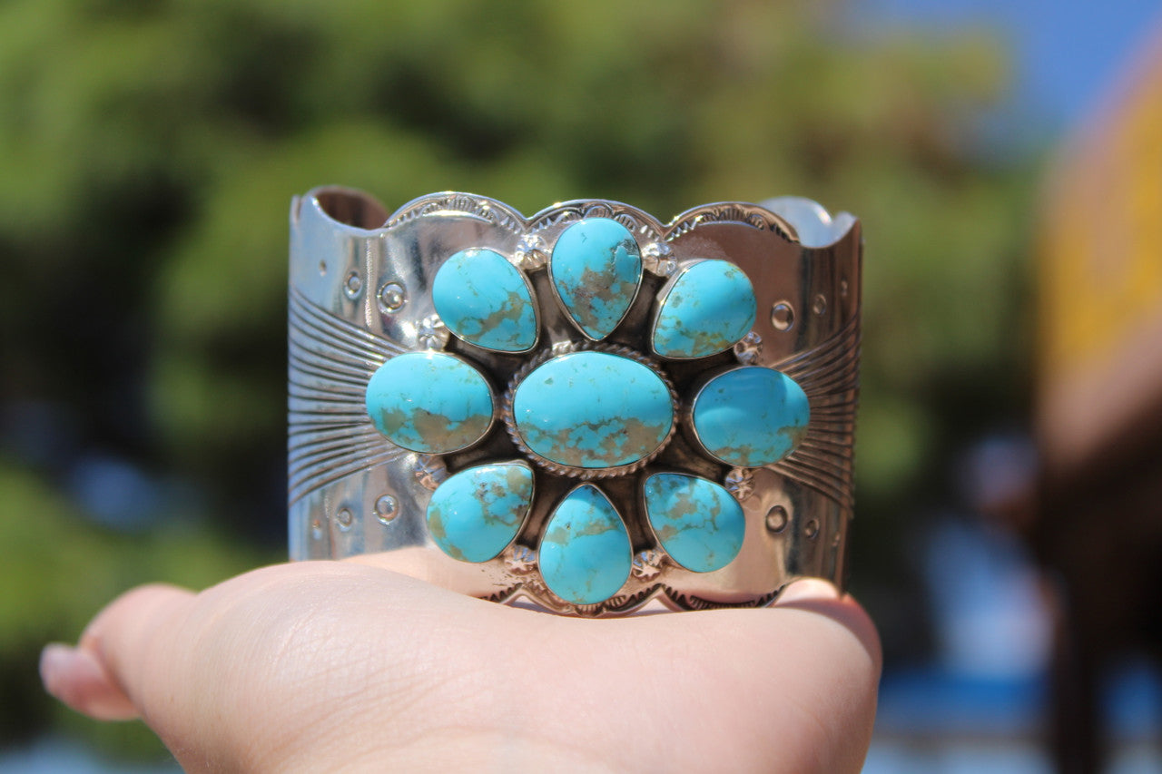 Chaco Canyon Flower Kingman Blue Turquoise Sterling Silver Cuff