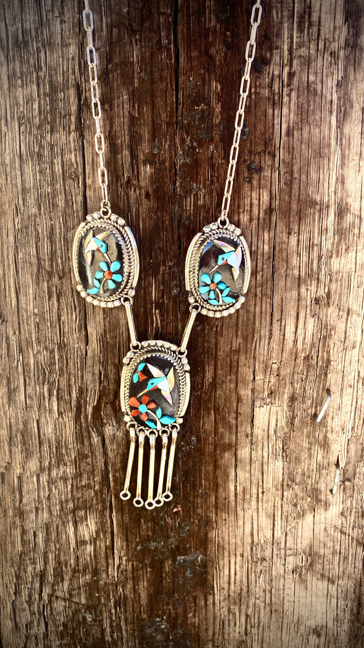 Vintage*** Humming Bird Inlay Necklace Multstone