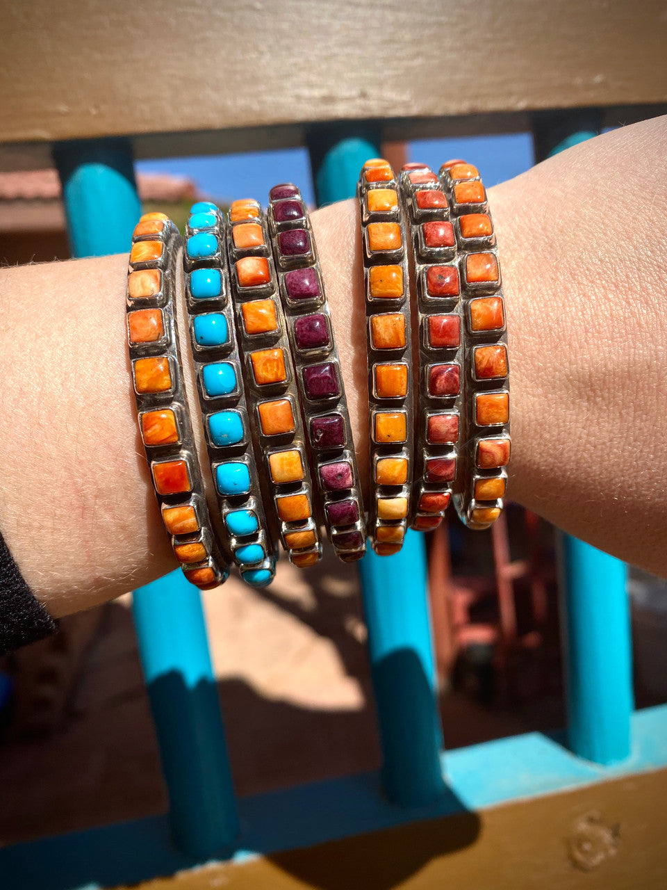 Chaco Canyon Red, Purple, Orange and Sleeping Beauty Turquoise 21 Row Cuff