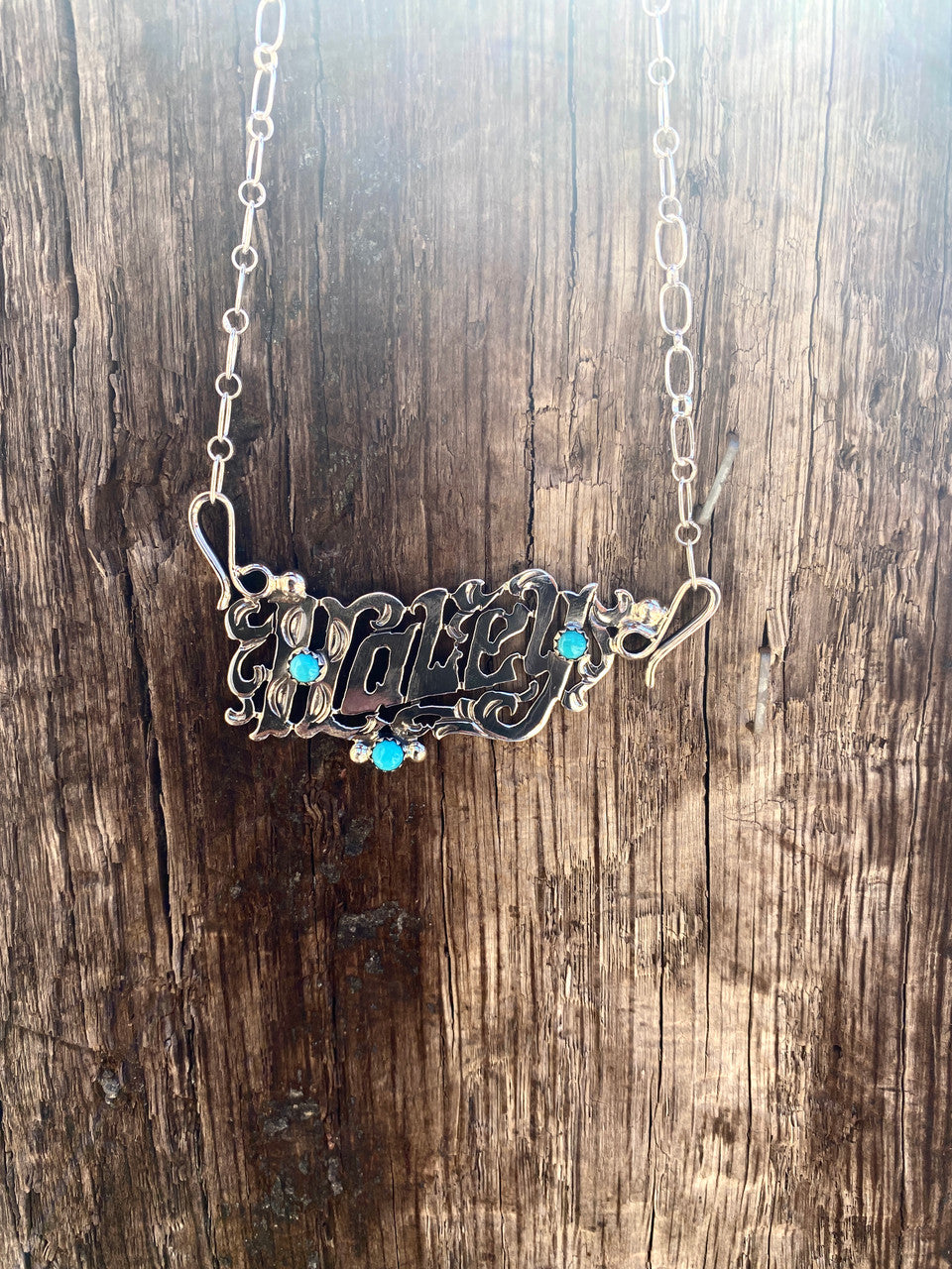 Navajo Hand Etched Name Kingman Turquoise Necklaces Artist Michael Yazzie
