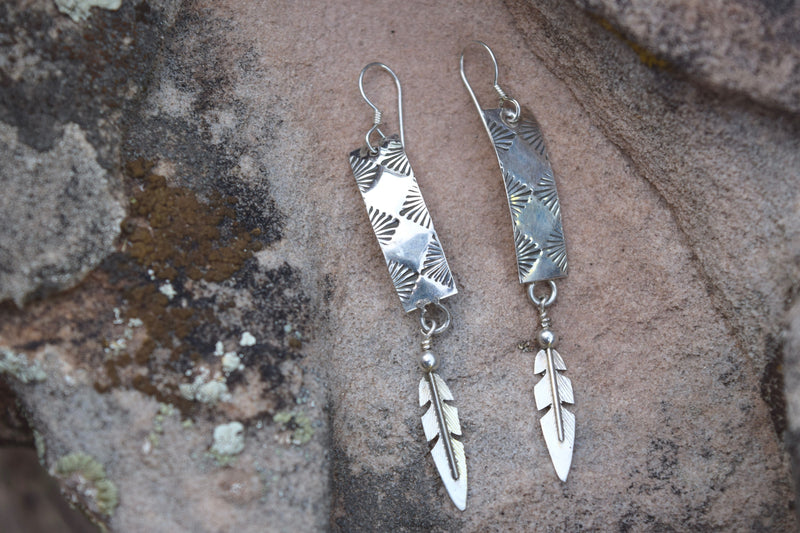 STAMPED DANDLE AND FEATHER EARRING FROM THE RODGERS COLLECTION