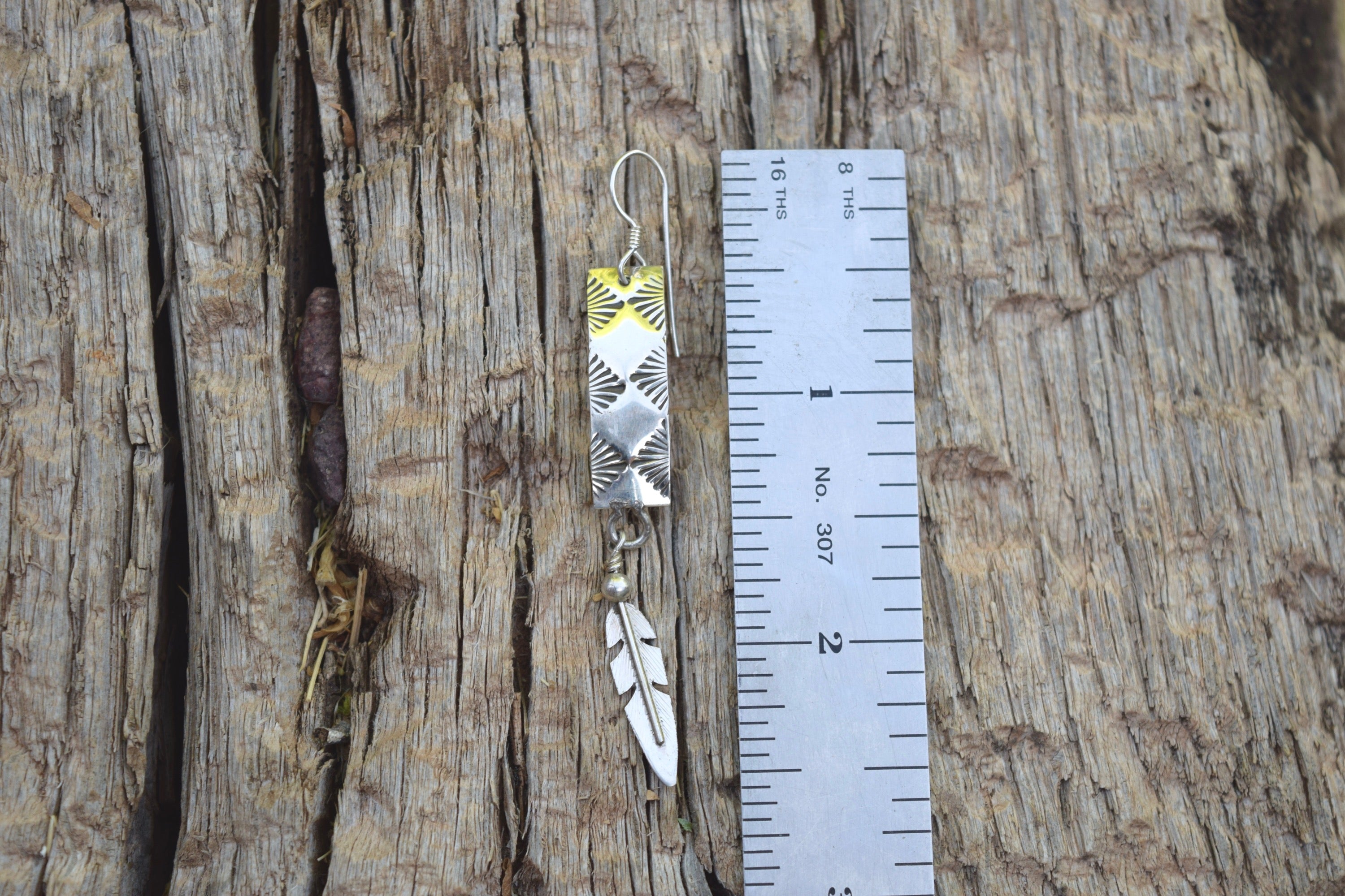 STAMPED DANDLE AND FEATHER EARRING FROM THE RODGERS COLLECTION