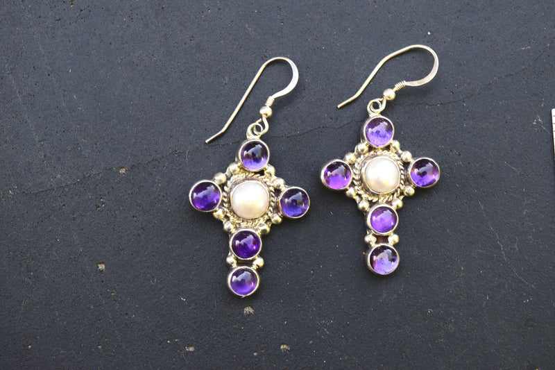 AMETHYST AND PEARL CROSS EARRINGS FROM THE RODGERS COLLECTION