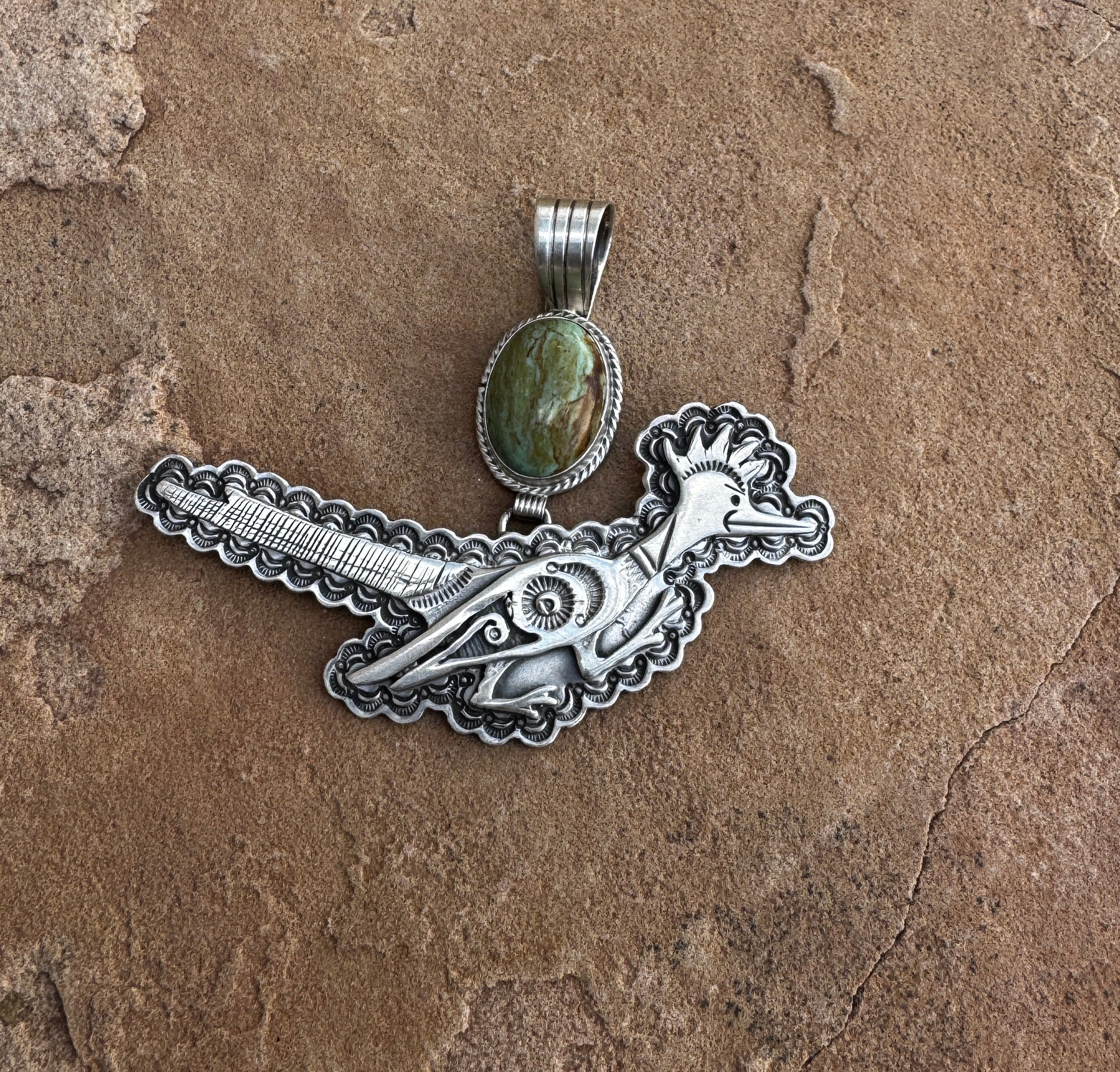 Sterling Silver Roadrunner Ceremonial Kingman Turquoise Pendant