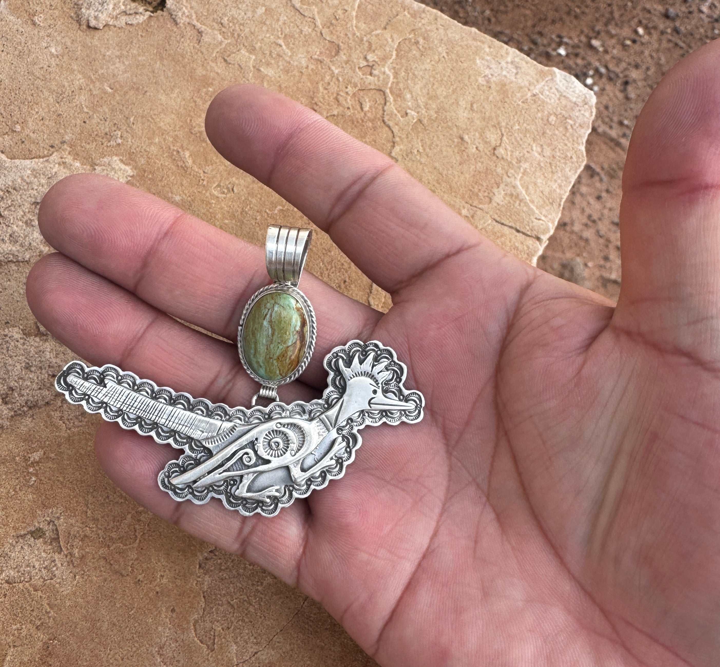Sterling Silver Roadrunner Ceremonial Kingman Turquoise Pendant