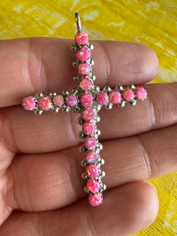 Hot Pink Opal Cross Pendant