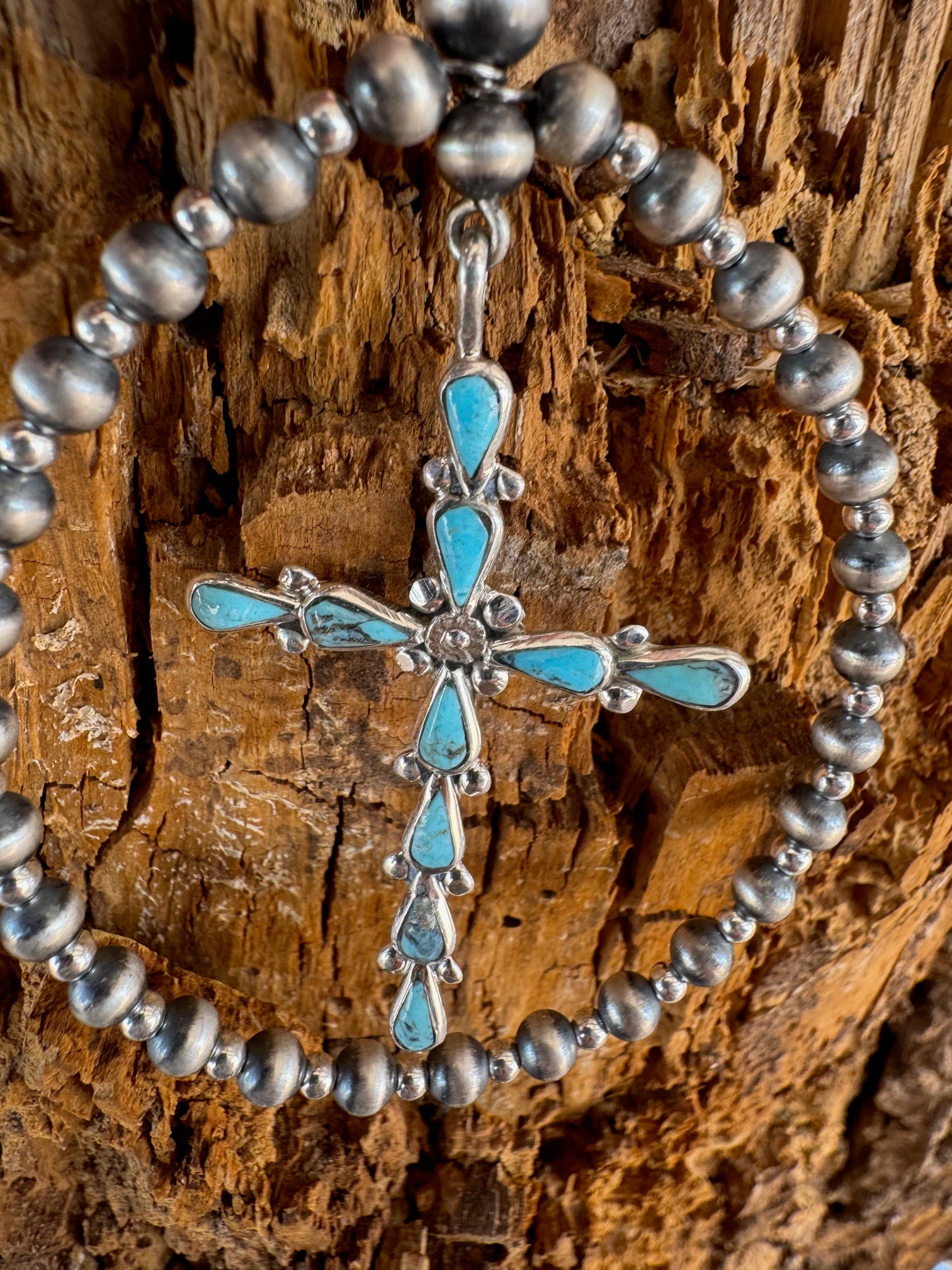 Navajo Pearl Hoop with Turquoise Cross