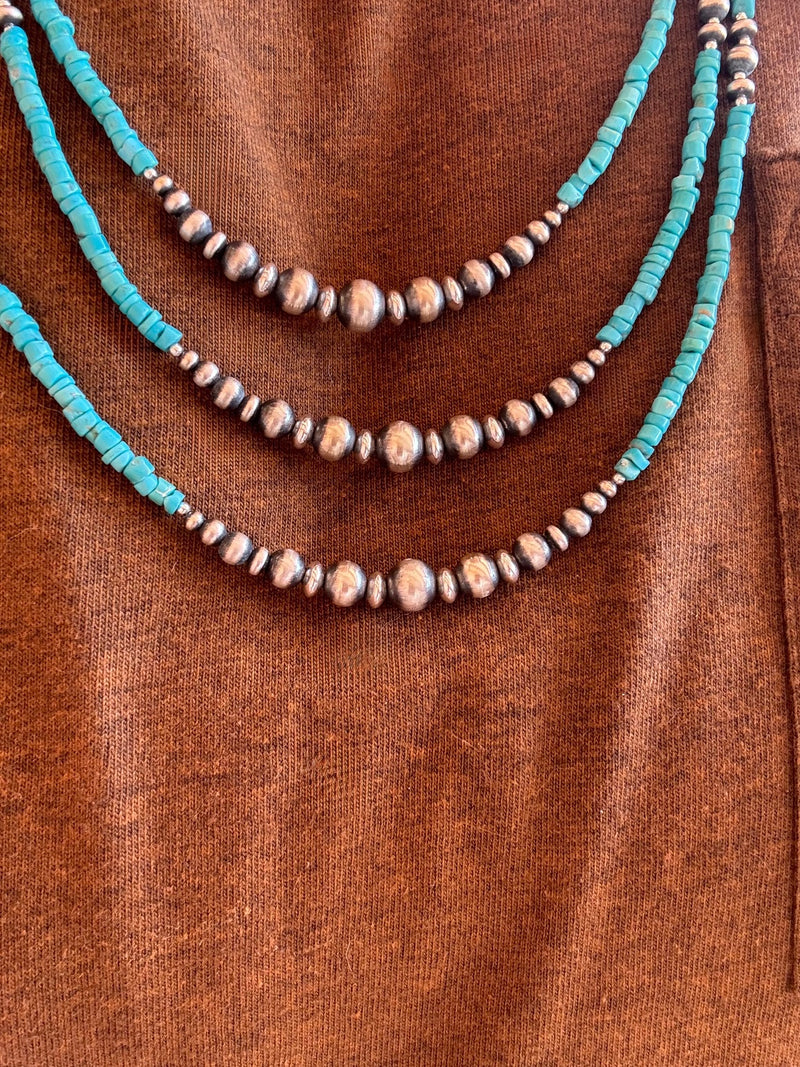 Three Strands Turquoise Bead Necklace 19"
